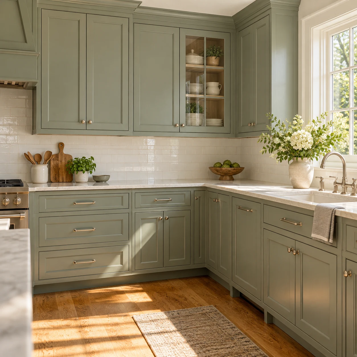 Illustrative kitchen with sage-green painted cabinets, light countertops and white trim