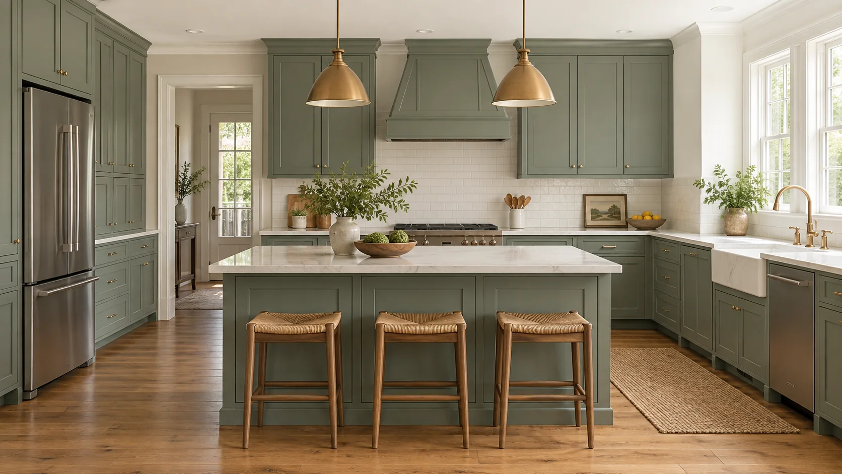 Illustration of a finished kitchen with sage-green painted cabinets