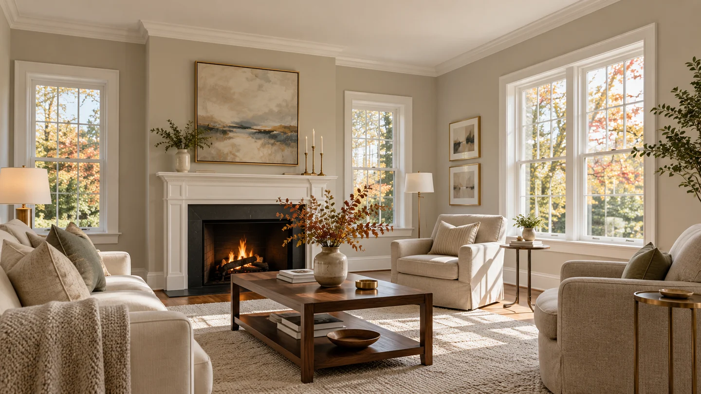 Elegant living room with warm neutral painted walls, crisp white trim and cream furnishings